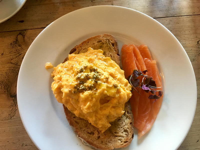 Moxons beech wood smoked salmon, scrambled eggs and organic rye toast from Brooks & Gao Streatham