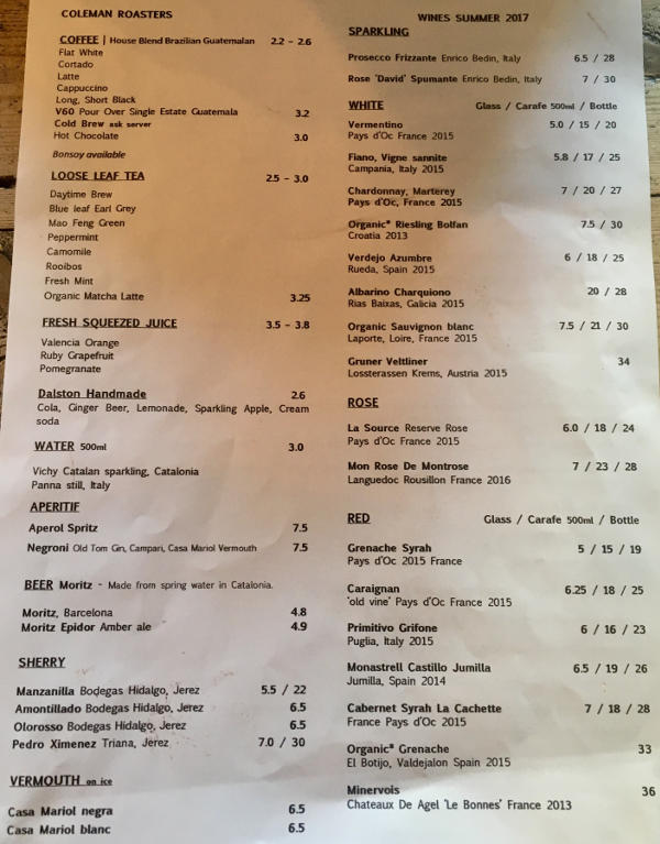 Brooks & Gao Streatham Drinks Menu