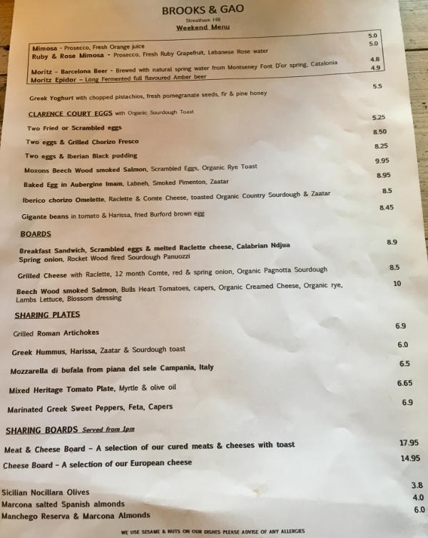 Brooks & Gao Streatham Weekend Food Menu
