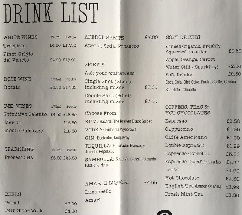 Drinks Menu for Azzurri Pizzeria Streatham Hill