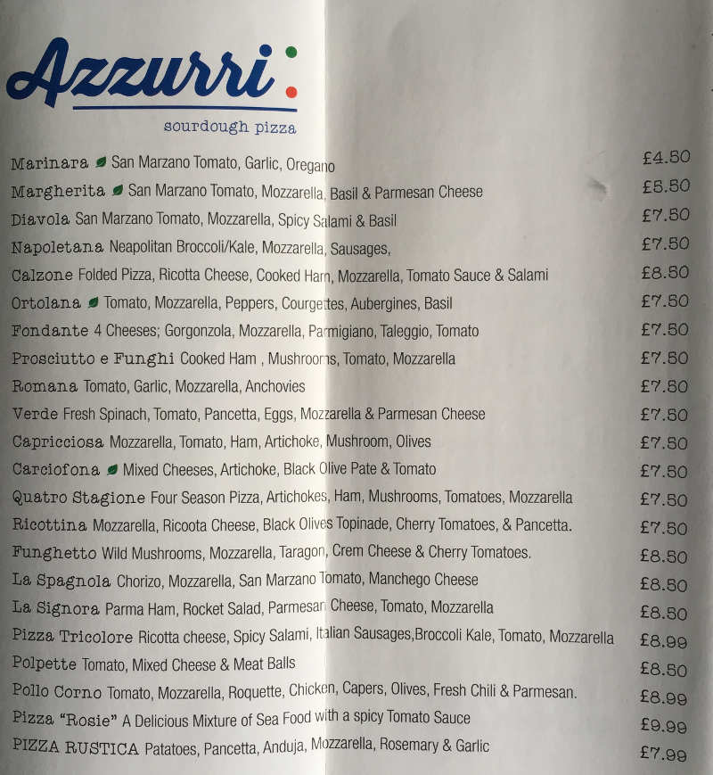 Pizza Menu for Azzurri Pizzeria Streatham Hill