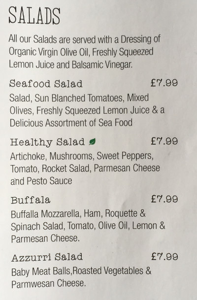 Salad Menu for Azzurri Pizzeria Streatham Hill
