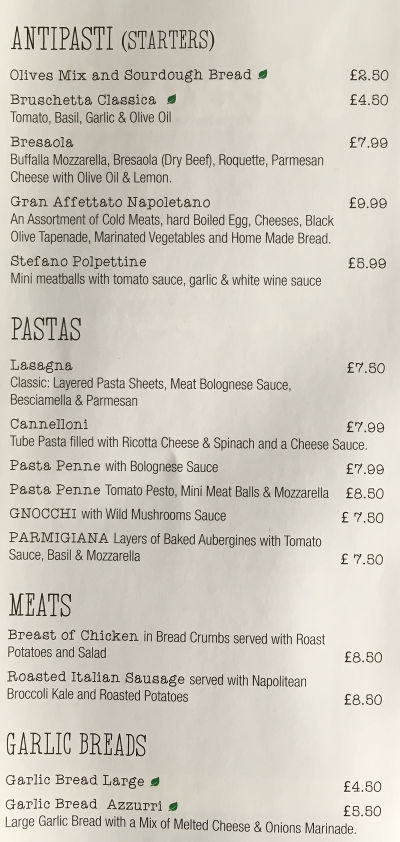 Starters and Pasta Menu Azzurri Pizzeria Streatham