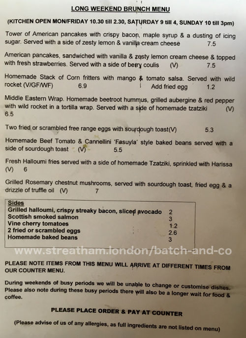 Batch & Co (Streatham Hill) Brunch Menu