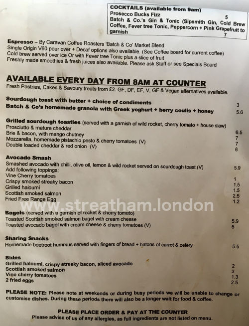 Batch & Co (Streatham Hill) Food Menu