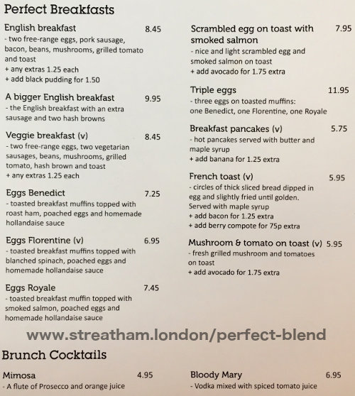 The breakfast menu for Perfect Blend in Streatham Hill