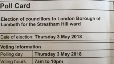 A poll card for the 2018 local council elections (Streatham Hill ward)